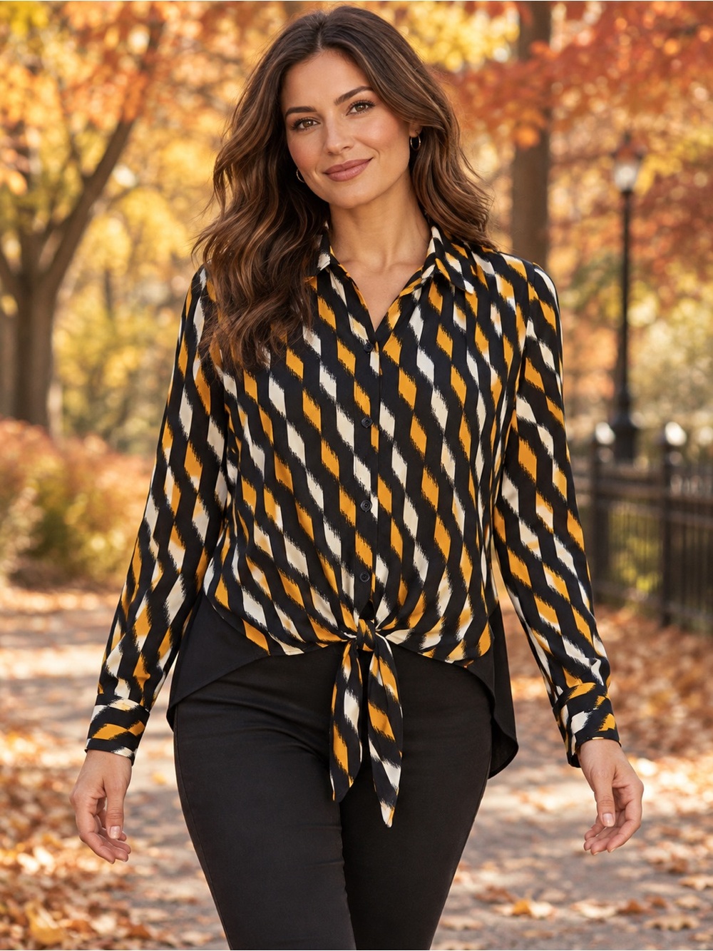 MICHAEL Michael Kors Blouse Women’s M Black Yellow Ikat Tie Front Long Sleeve